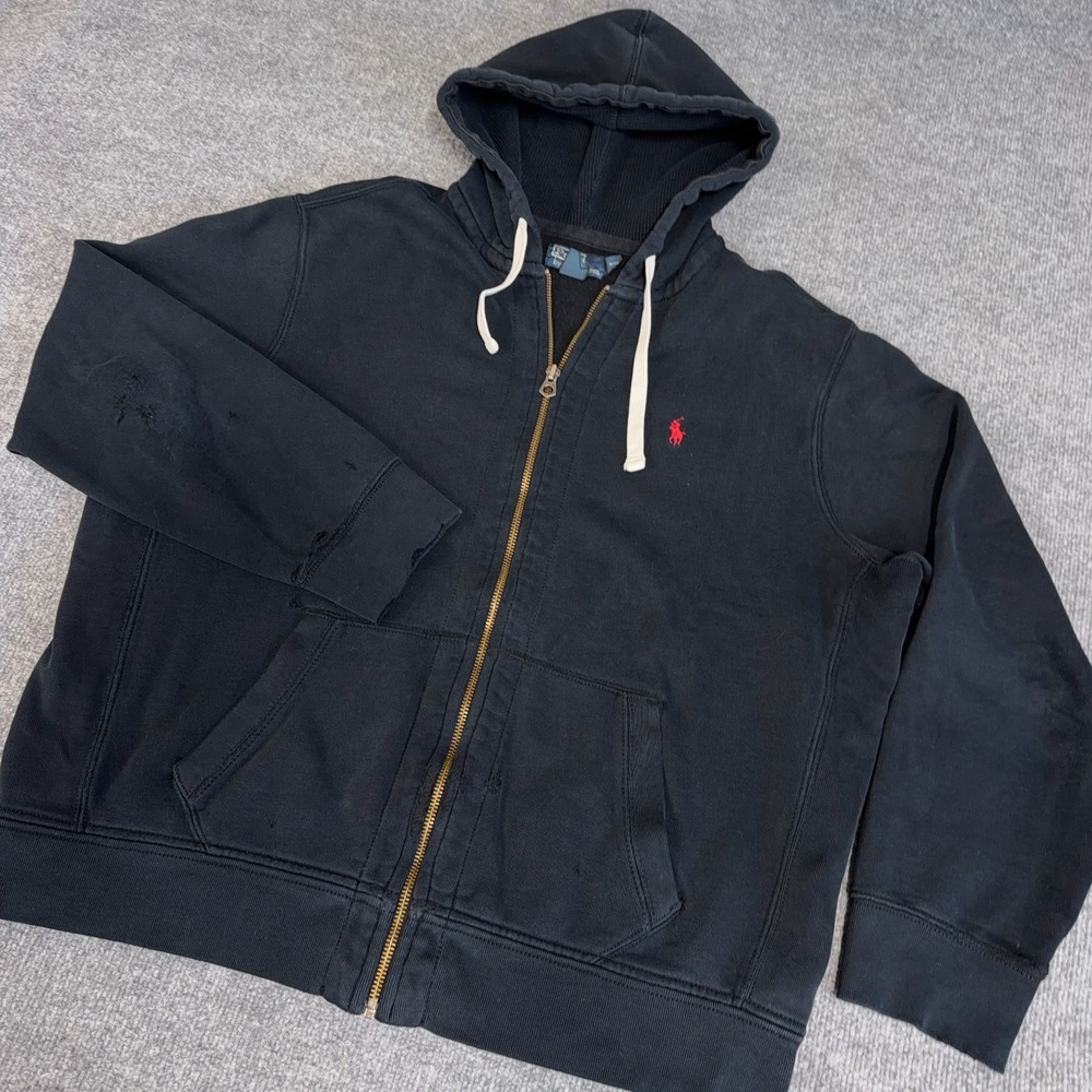Vintage Polo Ralph Lauren Hoodie Men 2XL Black Distressed Full Zip Baggy Y2K